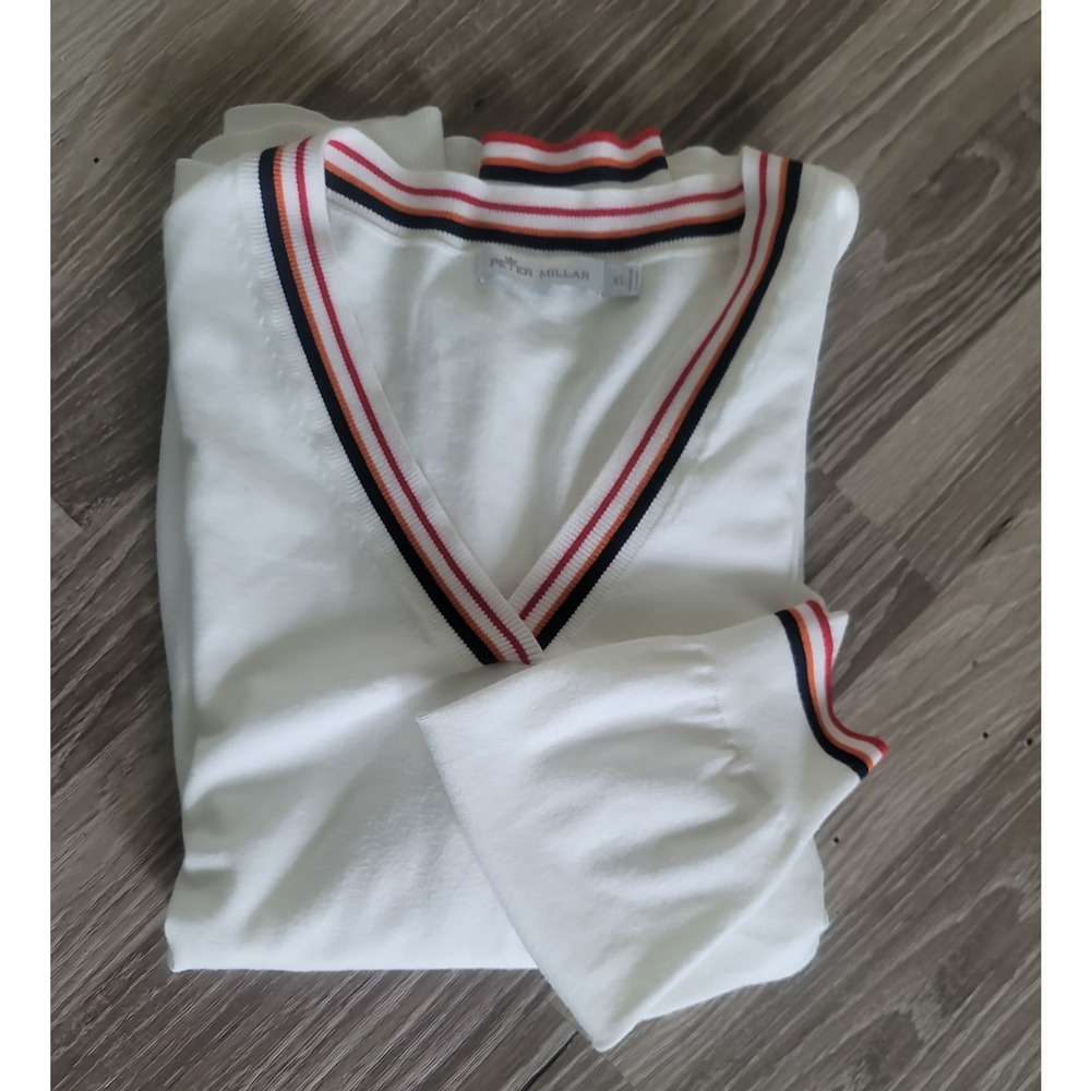 Peter Millar Sweater Womens XL Ivory V Neck Viscose Blend Preppy Golf Tennis